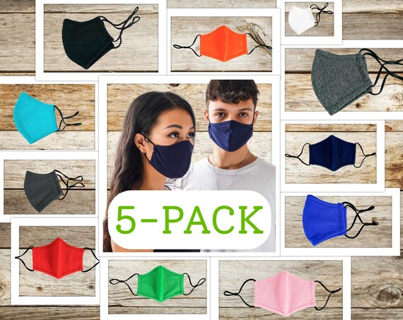 5-Pack Adult Cotton Anti-Fog Masks with Adjustable Ear Loops, Reusable, Washable, Comfortable Stretch, 3D Fit, 2ply, with Filter Pocket