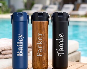 Custom Name Insulated Water Bottle for Teens and Adults | 24oz Stainless Steel Straw Leakproof Bottle | Travel, Gym, School & Sports Cup