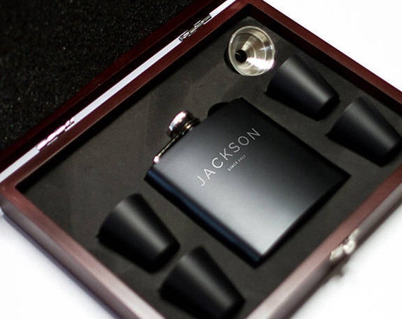 Personalized Flask in Wooden Gift Box | Birthday Flask Gift | Groomsmen Flask Set | Name on Flask | Groom Gift | Wedding Gift | #FSKSET001