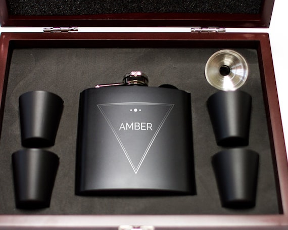 Engraved Name Flask Wooden Gift Set | Groomsmen Flask | Best Man Flask | Engagement Gift | Personalized Flask | Letter Flask | #FSKSET034
