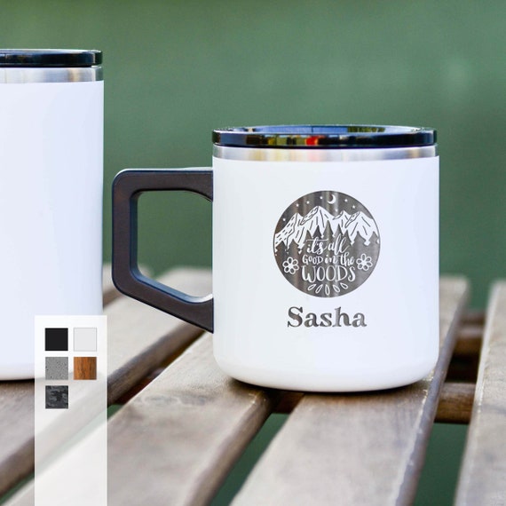 Personalized 12oz Outdoor Design Camping Mug with Lightweight Handle | Summer Vacation Mug | Mountain and Woods with Custom Name Coffee Mug