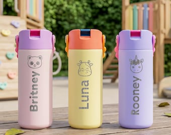 Cute Back to School Water Bottle Gift for Daycare and Preschool Kids | Personalized Name and Cute Animal on a Stainless Steel Sipper Cup