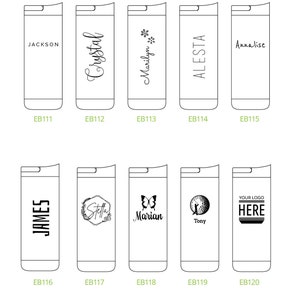 May include: A collection of personalized stainless steel travel mugs. Each mug features a unique design, including names like "Jackson," "Crystal," and "Marilyn," along with floral and graphic elements. The mugs are labeled with product codes.