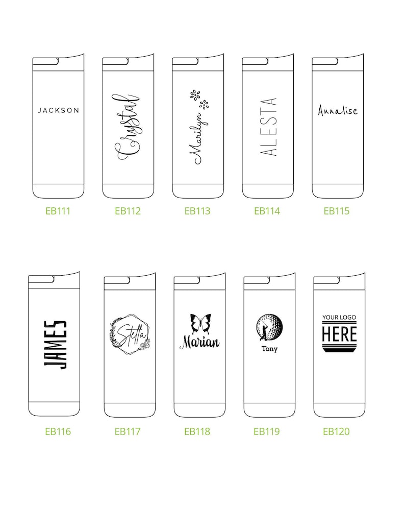 May include: A collection of personalized stainless steel travel mugs. Each mug features a unique design, including names like "Jackson," "Crystal," and "Marilyn," along with floral and graphic elements. The mugs are labeled with product codes.