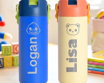 Custom Name Cute Animal Water Bottle for Kids | Personalized Stainless Steel Back to School Gift | Kawaii bottle for Daycare & Preschool