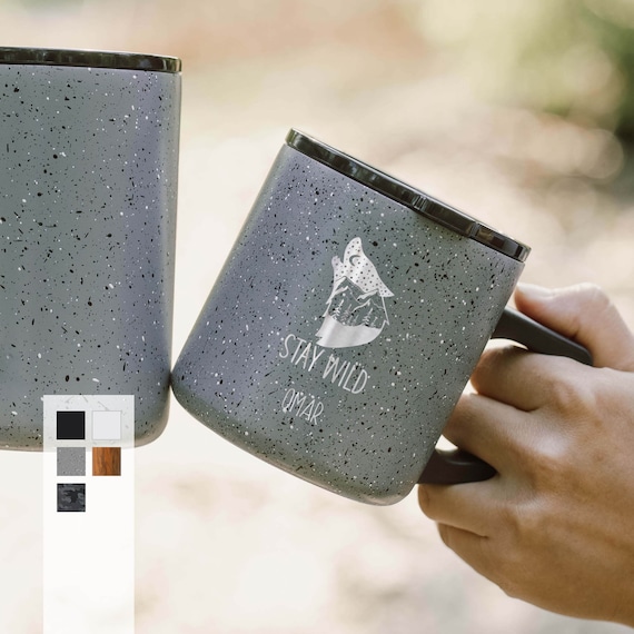 Personalized Engraved 12oz Camping Coffee Mug with Shatterproof Lid | Summer Adventure Heavy Duty Mug | Wild Wolf Design Quality Coffee Mug