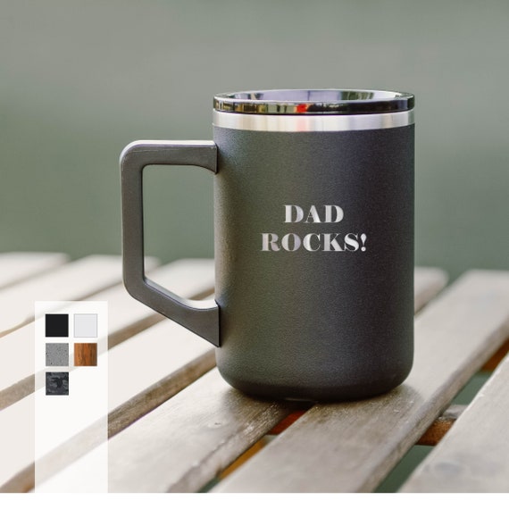 DAD ROCKS! Liquor Art Camp Mug | Laser Engraved Personalized Stainless Steel 16oz Coffee Cup | Best Gift For Birthdays | Party Favor Mugs