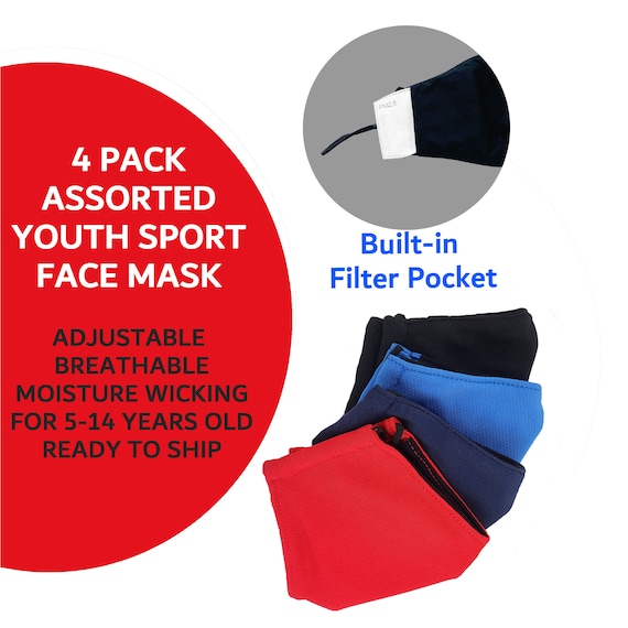 Sport Masks for Teen with Filters Pocket, Moisture Wicking Cooling Kids Masks 3ply, Comfortable Washable Mask Adjustable Ear Loops,
