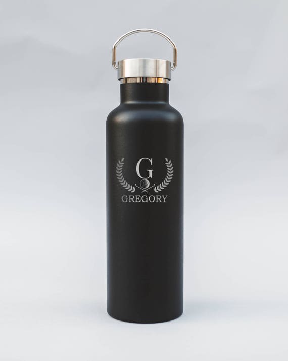 Personalized Engraved Initial Design Water Bottle | Your Initial on Double-Insulated Water Bottle | Elemental Bottles | 25 oz. w/ Bamboo Cap