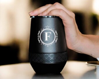 Personalized Name Initials Wine Tumbler 10oz with Lid | Custom Laser Engraved Monogram | Double Walled Vacuum Travel Mug