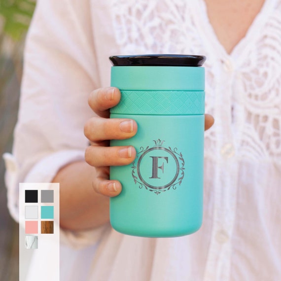 Personalized Wedding Gift Insulated Custom Initial Monogram Coffee Tumbler 12oz with CERAMIC Lid - 6hrs hot | 18hrs cold | Bridesmaid Gift