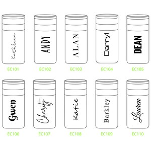 May include: Ten black and white insulated tumblers with personalized names. The names are: Kathleen, ANDY, ALAN, Darryl, DEAN, Gwen, Charity, Katie, Barkley, and Lauren.