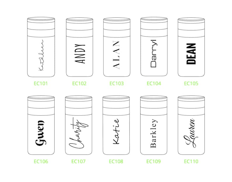 May include: Ten black and white insulated tumblers with personalized names. The names are: Kathleen, ANDY, ALAN, Darryl, DEAN, Gwen, Charity, Katie, Barkley, and Lauren.