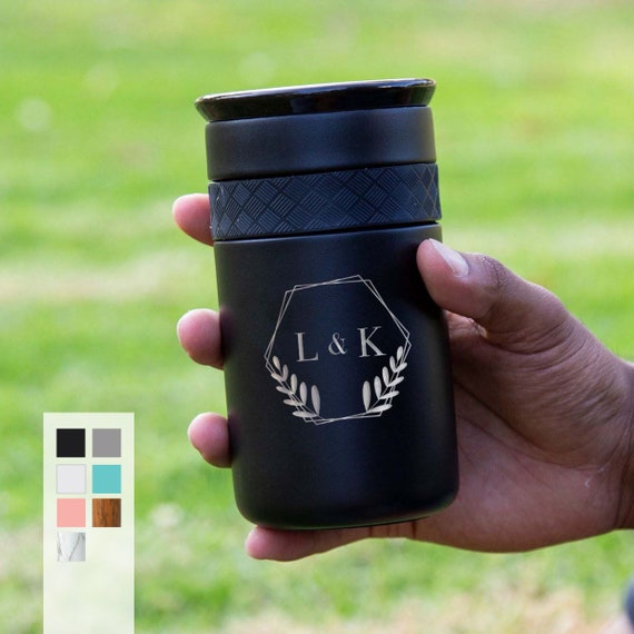 Personalized Insulated Custom Initial Monogram Stainless Steel Coffee Tumbler 12oz with CERAMIC Lid - 6hrs hot | 18hrs cold | Employee Gifts