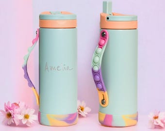 Personalized Bottle for Kids with Fun Iconic Pop Colors | Blank and Laser Engraved Name or Logo - Stainless Steel 14oz Water Bottles