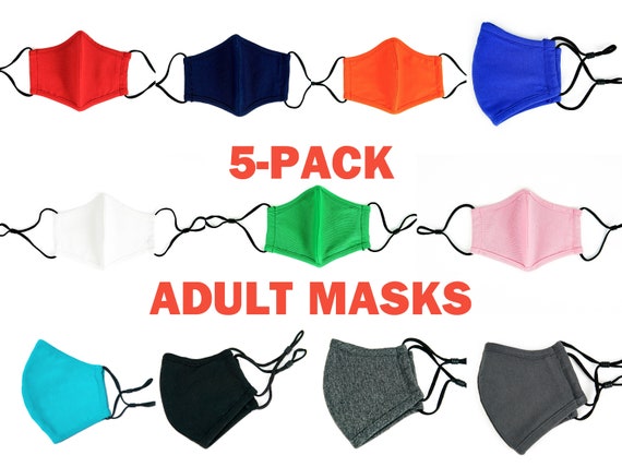 5-PACK Adult Anti-Fog Masks, Washable, Reusable, 3D Fit, 2ply, with Filter Pocket, Adjustable Ear Loops - In Stock
