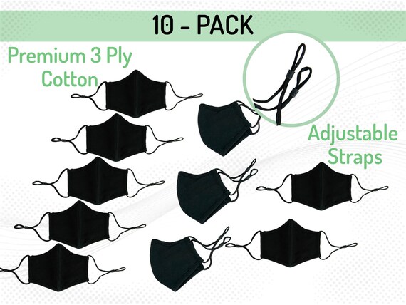 10-Pack Durable 3 Layer Adult Mask, 100% Cotton, Long-lasting, Heavy Duty PPE, With Adjustable Ear-loops, Comfortable Safety Mask