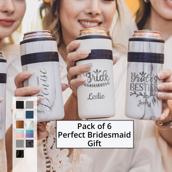 Personalized Can cooler Bridesmaids Party Gifts Pack of 6| 12oz Skinny Can Cooler | Custom Engraved Can Holder | Non-Slip Bottom