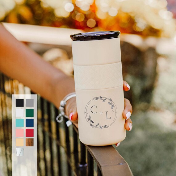 Monogram Laser Engraved Tumbler | Personalized Name Initials Coffee Tumbler 16oz with CERAMIC Lid - 6hrs hot | 18hrs cold
