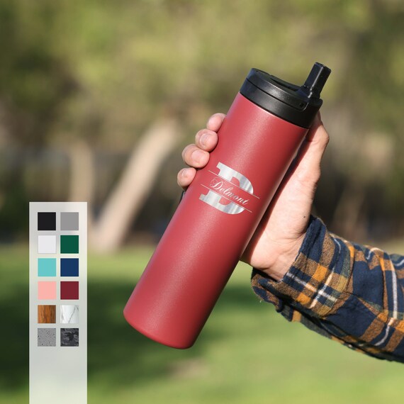 Personalized Sports Bottles Name Initial Monogram 20oz Water Bottle | Custom Engraved | Hot or Cold Insulated Reusable Bottle Gift Ideas