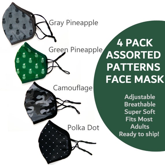 Adult Face Masks Fashion Face Mask Pack of 4, Cooling Face Masks, Adjustable Ear Loops. Moisture Wicking Masks with Built-in Filter Pocket