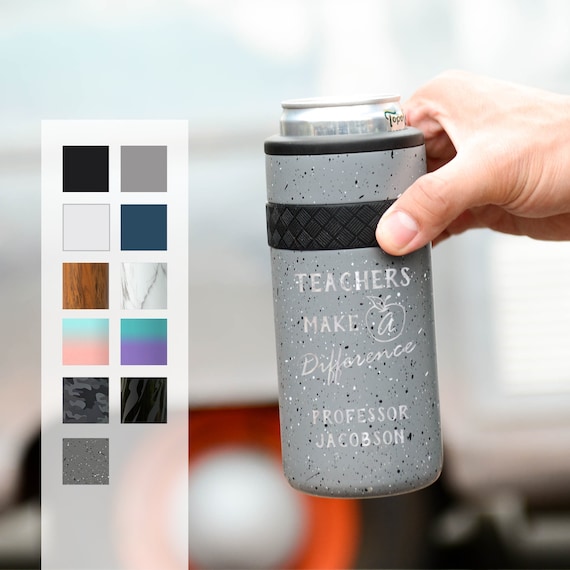 Customized Laser Engraved Skinny 12oz Can Cooler | Personalized Educational Designs Seltzer Can Holder | Permanent Designs Slim Can Cooler