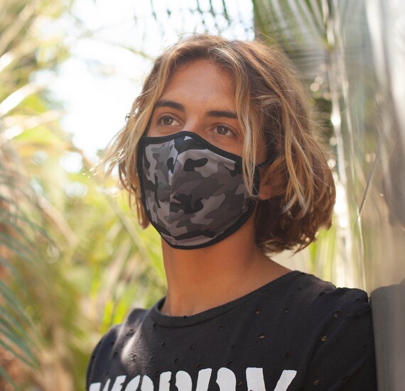 4 Pack - Black Camo Face Masks, Adjustable Ear Loops Comfortable Fit. Moisture Wicking Masks with Built-in Filter Pocket
