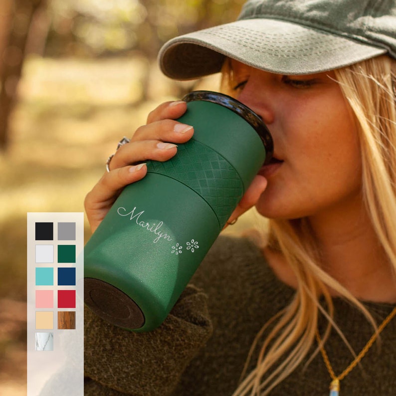 Personalized Insulated Stainless Steel Coffee Tumbler 16oz with CERAMIC Lid 6hrs hot 18 hrs cold Custom Birthday Gift for Coffee Lover Forest Green