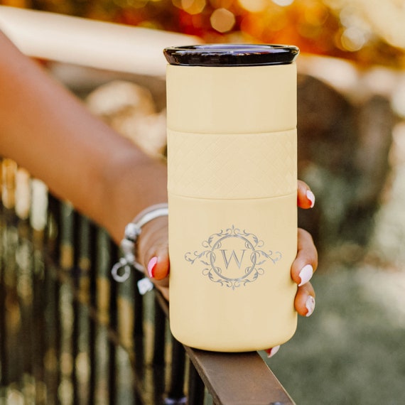Monogram Laser Engraved Personalized Tumbler | Custom Name Initials Coffee Tumbler 16oz with CERAMIC Lid - 6hrs hot | 18hrs cold