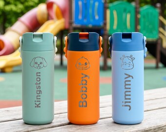 Custom Kids Water Bottles with Personalized Name and Cute Animal | BPA-Free Back to School Gift | Kawaii Straw Cup for Daycare & Preschooler
