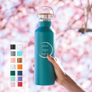 May include: A teal stainless steel water bottle with a bamboo lid and a white circle with the text "your logo here".