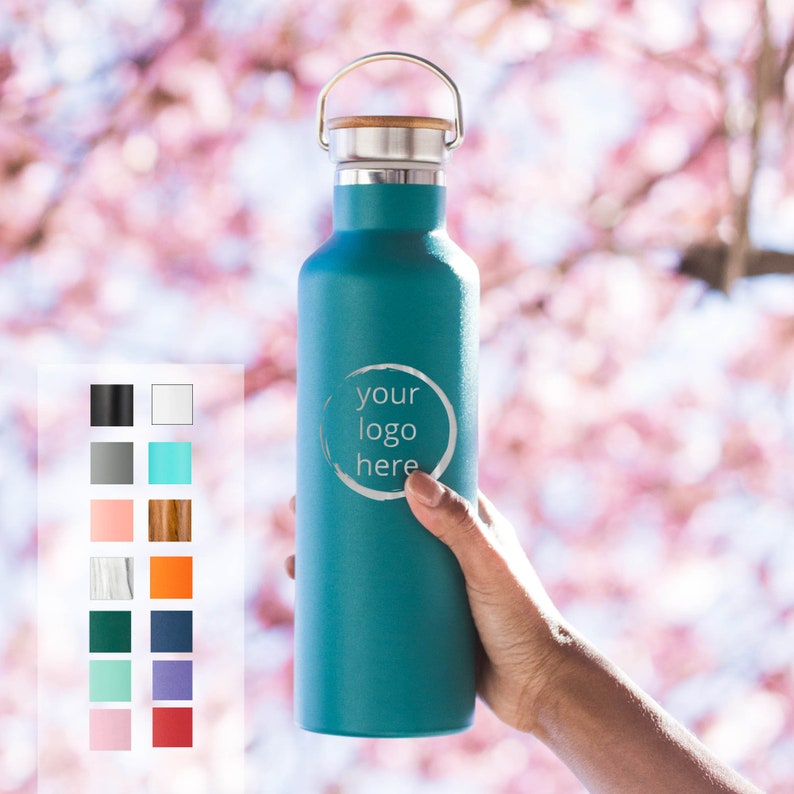 May include: A teal stainless steel water bottle with a bamboo lid and a white circle with the text "your logo here".