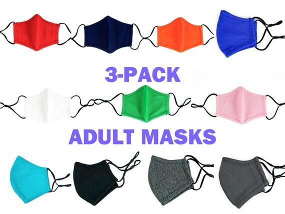 3-Pack Adult Masks, Reusable, Washable, 2-ply, 3D Fit, Filter Pocket, Adjustable Ear Loops - In Stock