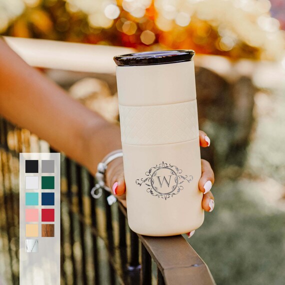Monogram Laser Engraved Personalized Tumbler | Custom Name Initials Coffee Tumbler 16oz with CERAMIC Lid - 6hrs hot | 18hrs cold