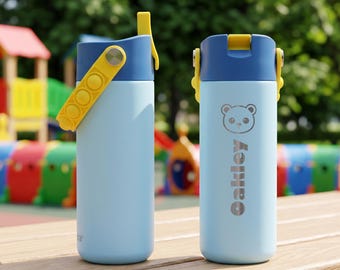 Personalized Kids School Water Bottle | Customized Name and Kawaii Animal Pop Handle Sipper Cup | Best Gift for Daycare and Preschoolers