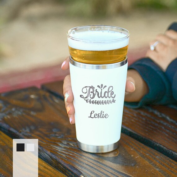 Bridal Shower Party Favors 16oz Beer Pint Glass | Durable Stainless Steel Outer Cup with Detachable Glass Piece | Alcoholic Drink Pint Cup