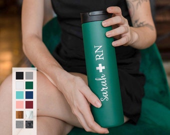 Custom Engraving Registered Nurse and Doctor Design with Personalized Name Insulated Stainless Steel 20oz Sports Lid Water Bottle | RN Gifts
