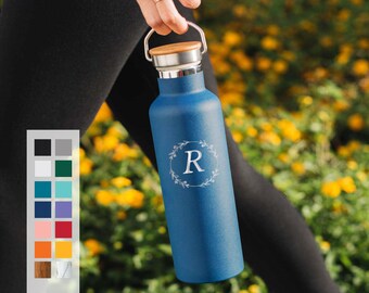 Personalized Insulated Water Bottle - Customized Name Letters Monogram Laser Engraved 25oz  Stainless Steel Double Walled Vacuum Bottle