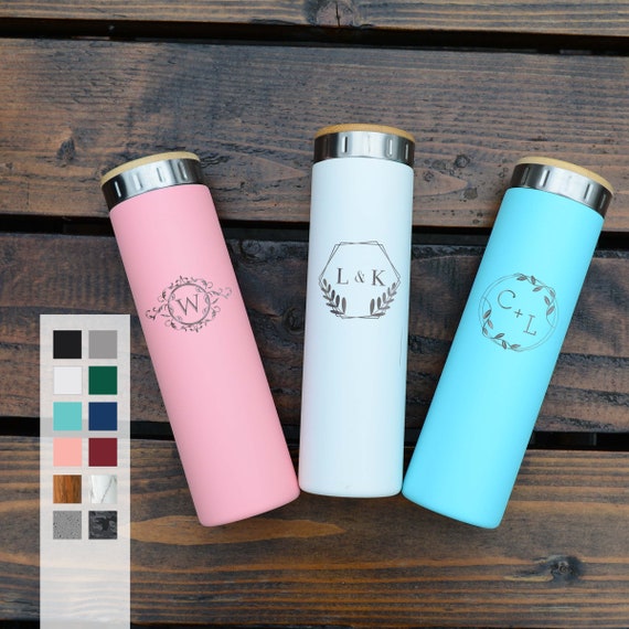Monogram Design Waterbottles with Tea Strainer | Custom Logo Laser Engraved | Tea Party Favors & Bridesmaid Tumblers