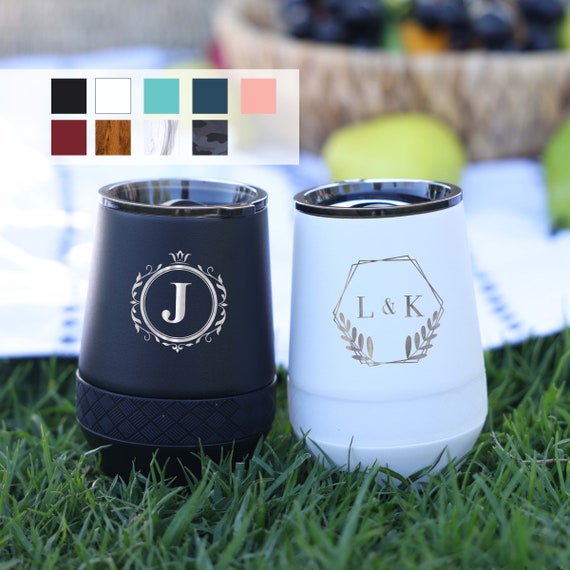 Custom Name & Initials Monogram Personalized Stemless Wine Tumbler 10oz with Lid | Laser Engraved Double Walled Vacuum Insulated Travel Mug