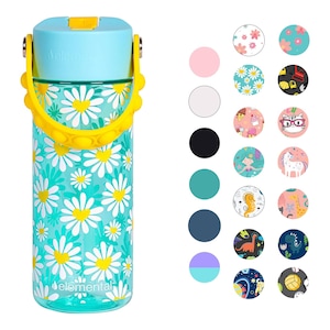 Peut inclure: Une bouteille d'eau bleu turquoise avec un couvercle et une poign&eacute;e jaunes. La bouteille pr&eacute;sente un motif de marguerite et le mot "elemental" imprim&eacute; au bas. La bouteille est entour&eacute;e de cercles color&eacute;s vari&eacute;s avec diff&eacute;rents motifs.