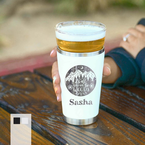 Personalized 16oz Outdoor Design Camping Beer Pint Glass | Summer Vacation Malt Beverage Pint Glass| Mountain & Woods with Custom Name Glass