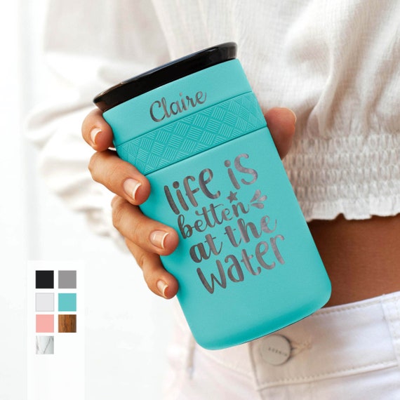 Home At The Beach | Personalized Stainless Steel Coffee Tumbler Personalized 12oz with CERAMIC Lid - Best Gift for Coffee lovers