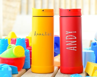 Kids Bottle for School Poppin' Straps Fun Pop Bottle Laser Engraved  Name - Stainless Steel 14oz Water Bottle for Kids
