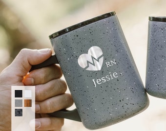 Personalized Medical Front-liners Coffee Mug with Beating Heart Design | Stainless Steel Vacuum Insulated 16oz Camp Mug with Durable Handle