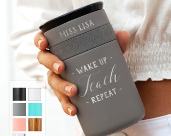 Custom Engraved Tumbler, Teacher Gift Stainless Steel Coffee Tumbler Personalized 12oz with CERAMIC Lid - 6hrs hot | 18 hrs cold