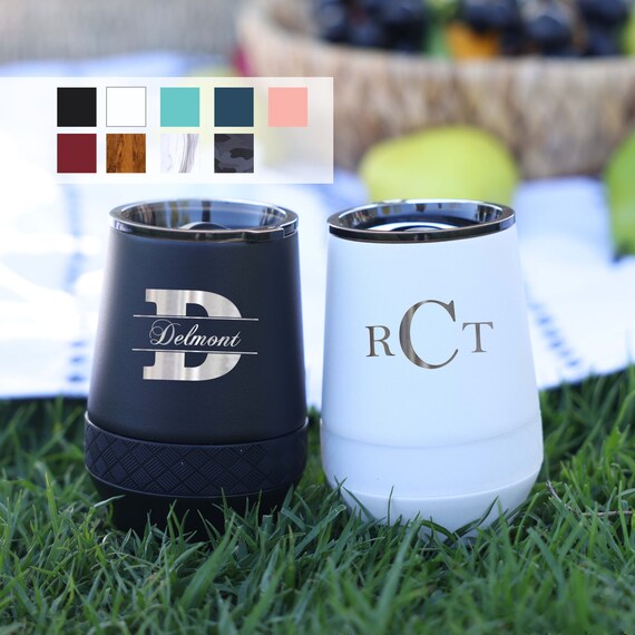 Customized Name & Initials Monogram Stemless Wine Tumbler 10oz with Lid | Laser Engraved Double Walled Vacuum Insulated Travel Mug