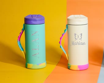 Personalized Kids Bottle Fun Iconic Pop Bottle Laser Engraving Name or Logo - Stainless Steel 14oz Water Bottle for Kids with Poppin' Straps