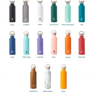 May include: A collection of 15 reusable water bottles in various colors and patterns, including black, white, teal, navy, lavender, rose, orange, matte red, robin's egg, forest green, mint green, graphite, teak wood, white marble, and citrus.