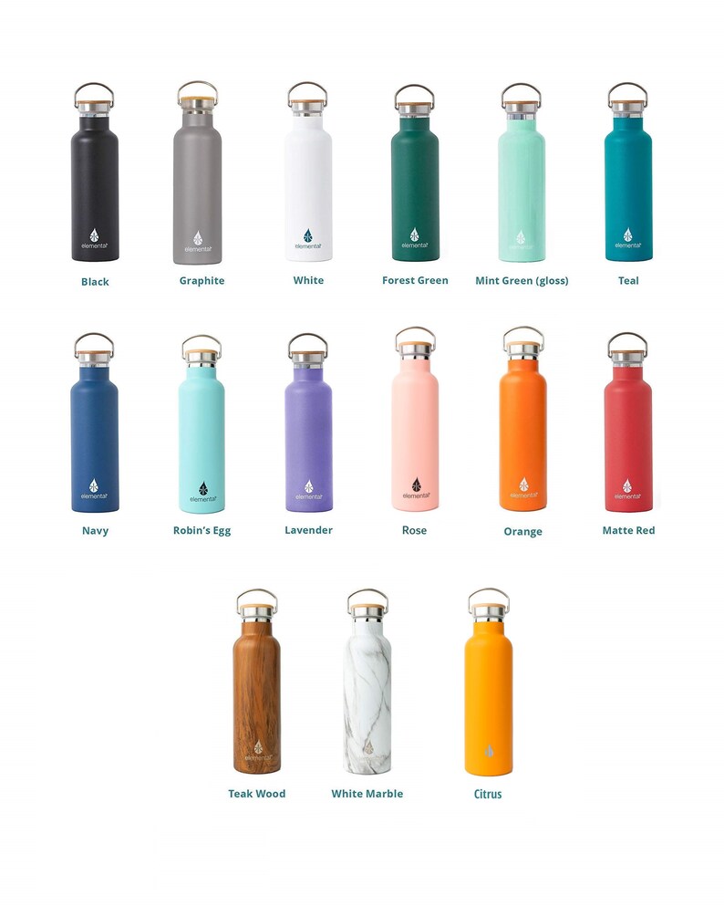May include: A collection of 15 reusable water bottles in various colors and patterns, including black, white, teal, navy, lavender, rose, orange, matte red, robin's egg, forest green, mint green, graphite, teak wood, white marble, and citrus.